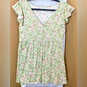 Floral Green Ruffle Sleeve Top